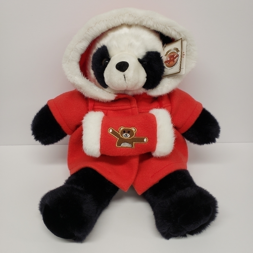 The Bear Factory 15" Panda Bear with Soft Fleece Red Coat and Hand Muff Plush